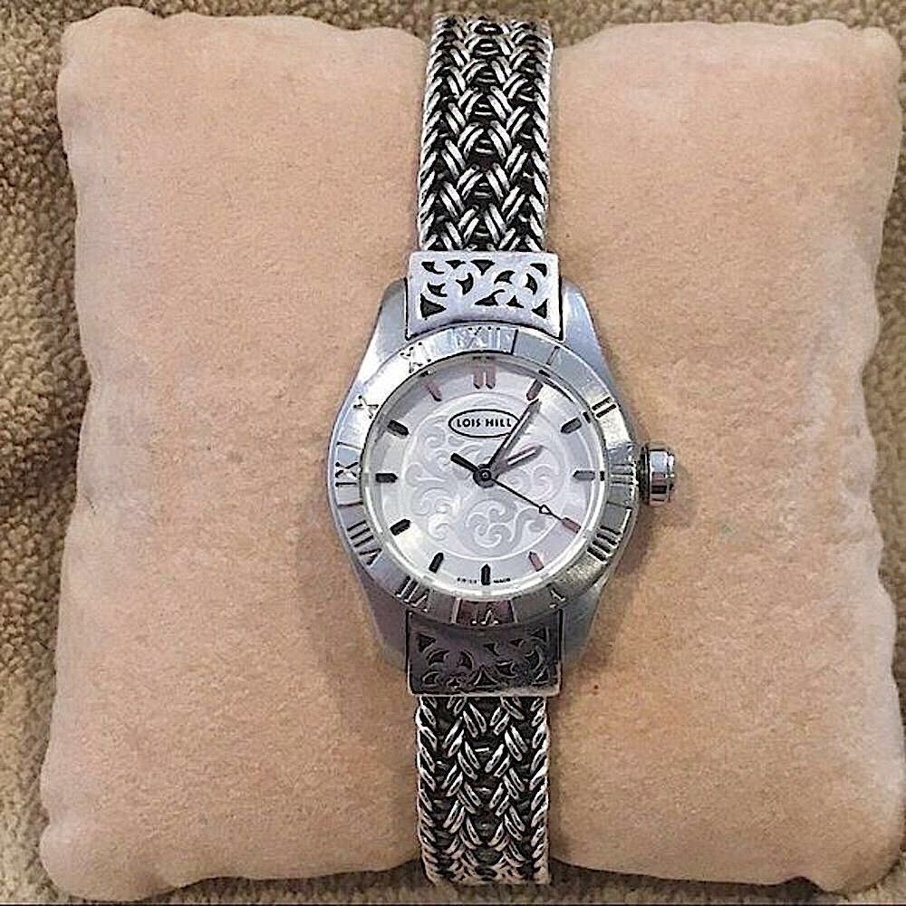 LOIS HILL White Round Face Watch Sterling Silver Bracelet & Roman Numeral Bezel